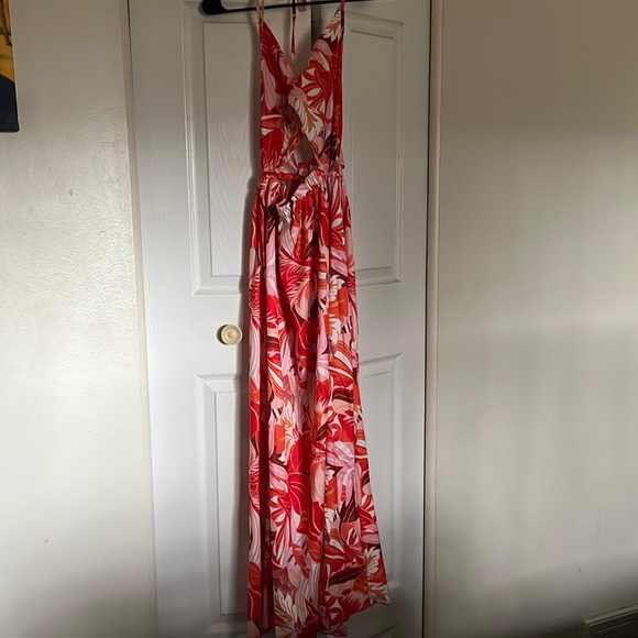 Floral Print Twist Front Cut Out Split Thigh Tie Backless Halter Dress (Size: S) - Picture 3 of 4